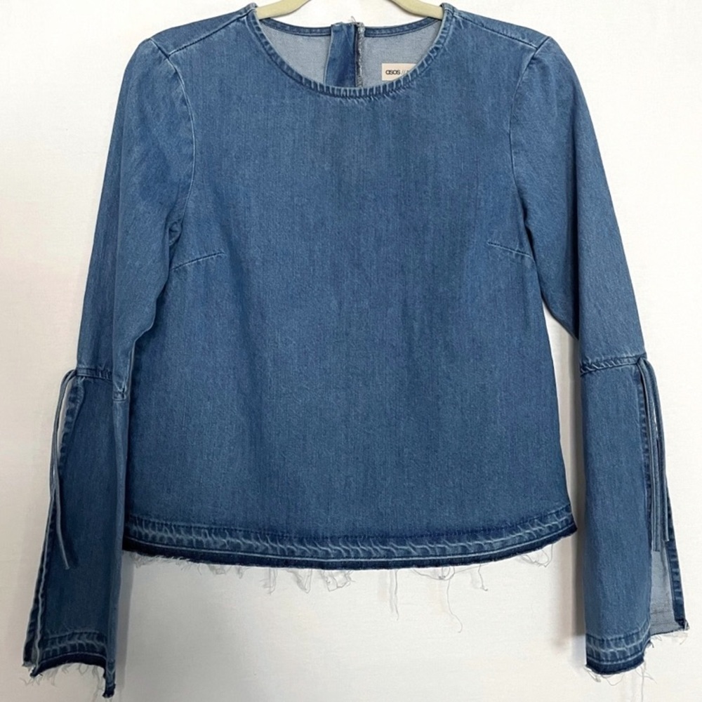 Asos Denim Boxy Boho Split Bell Sleeve Frayed Edge Top